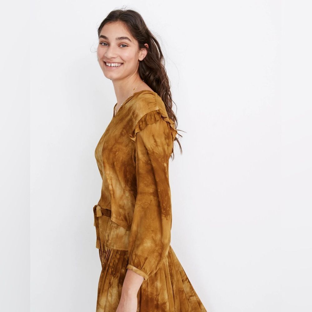 Madewell Tie Dye Ruffle Shoulder Top Brown Size S Long Sleeve Cropped - Picture 2 of 3